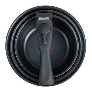 juego de 3 cazos ø16ø18ø20cm aluminio prensado negro y heat dot + mango desmontable