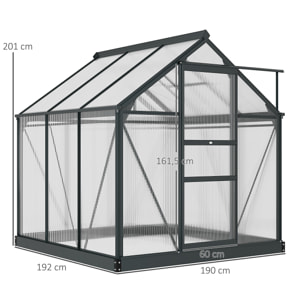 Serre de jardin aluminium polycarbonate 3,65 m² dim. 1,9L x 1,92l x 2,01H m lucarne, porte coulissante + fondation incluse alu. gris polycarbonate transparent