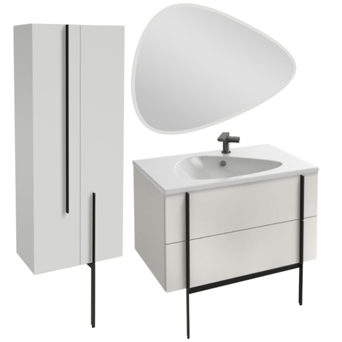 Meuble vasque Nouvelle Vague blanc brillant + colonne 2 portes + miroir + pied