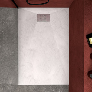 Receveur de douche Blanc Effet Pierre 80x120 cm et Grille décor Perforée en Inox