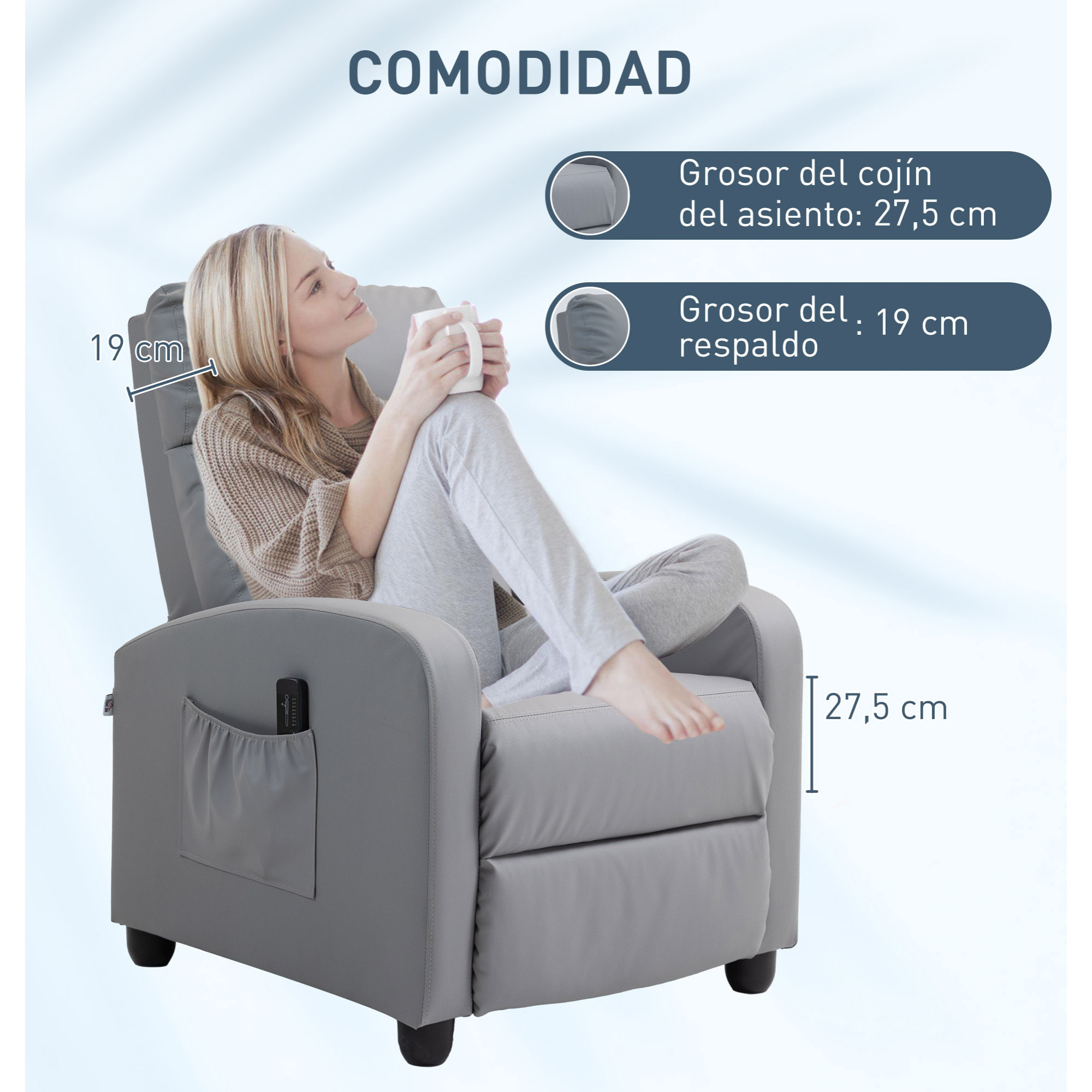 Sillón de Masaje Sillón Relax Reclinable con Mando a Distancia 2 Zonas de Masaje 8 Programas 5 Niveles de Intensidad 1 Bolsillo Lateral y Temporizador Tapizado en PU 68x88x98 cm Gris Claro