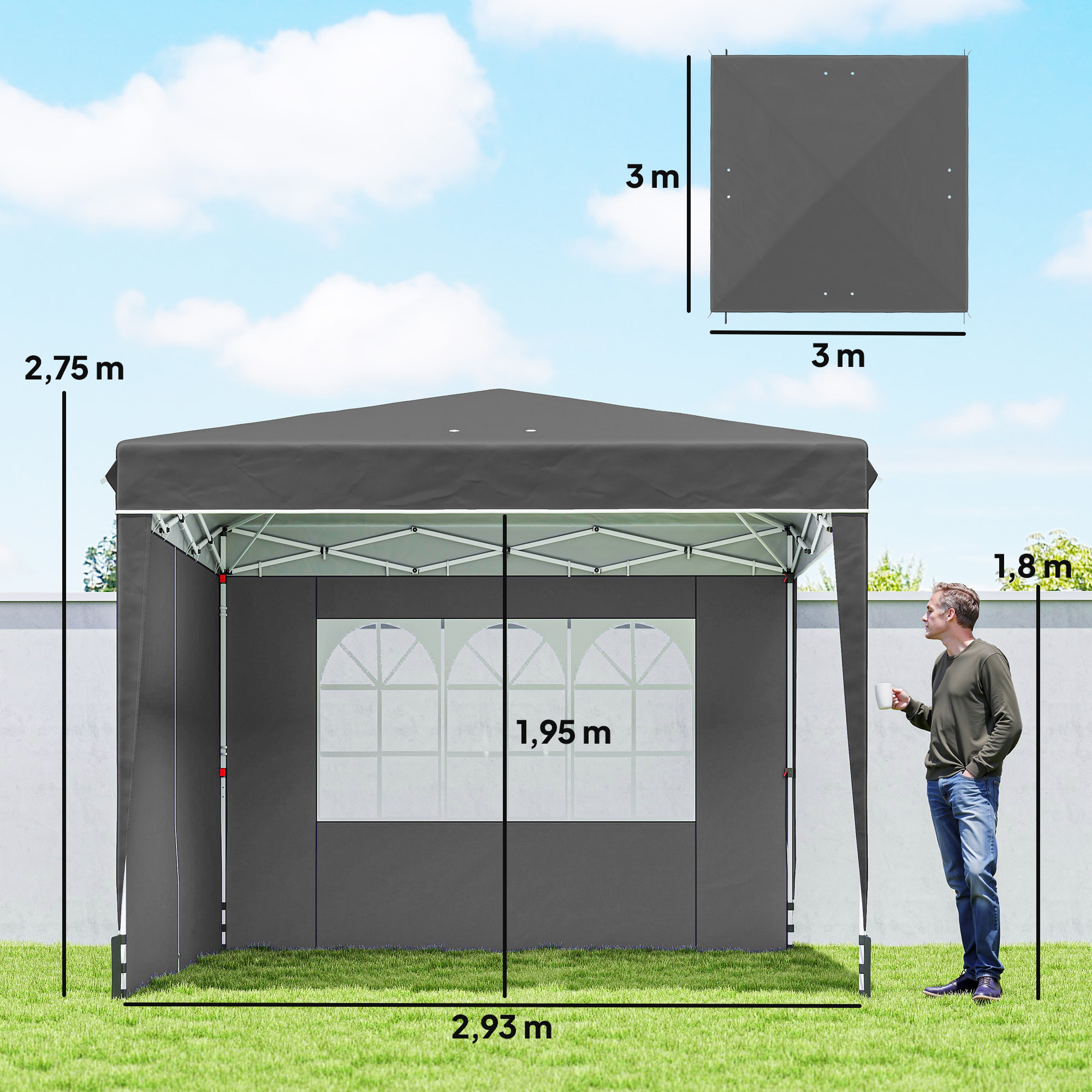 Tonnelle barnum pliable pop-up 3 x 3 m sacs de lestage et transport inclus gris