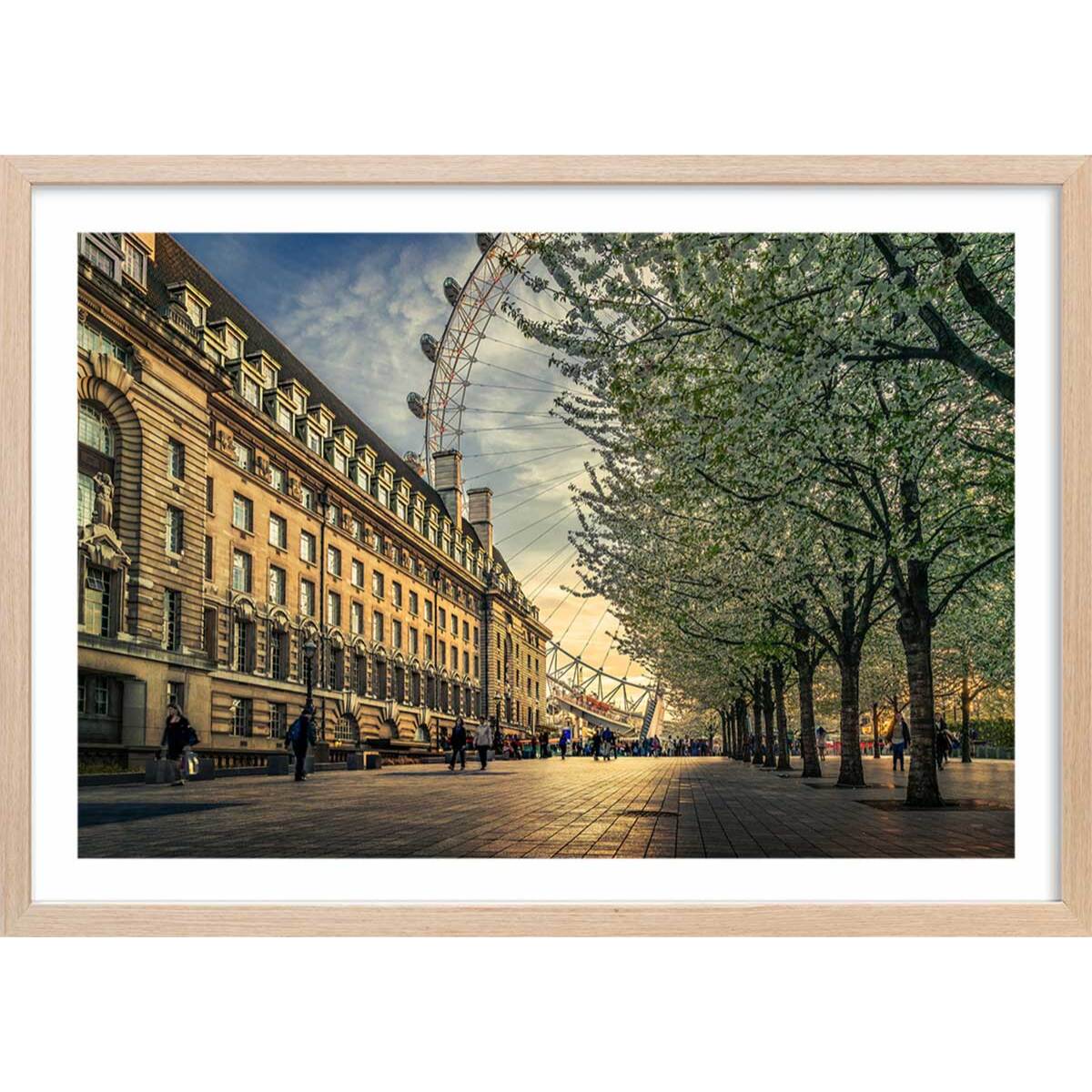 Affiche lumière sur London Eye Affiche + cadre en bois - Chêne
