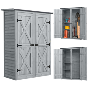 Caseta de Jardín de Madera 115x53x156 cm, Cobertizo Jardín Exterior, Armario Exterior para Herramientas con Puertas Dobles con Pestillo, 2 Estantes y Techo Inclinado, Resistente, Gris