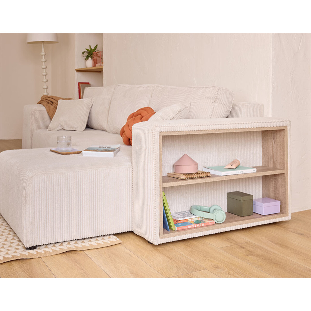 Topaze - canapé d'angle réversible 4 places - convertible avec coffre, tablette et poufs - en velours côtelé - Beige