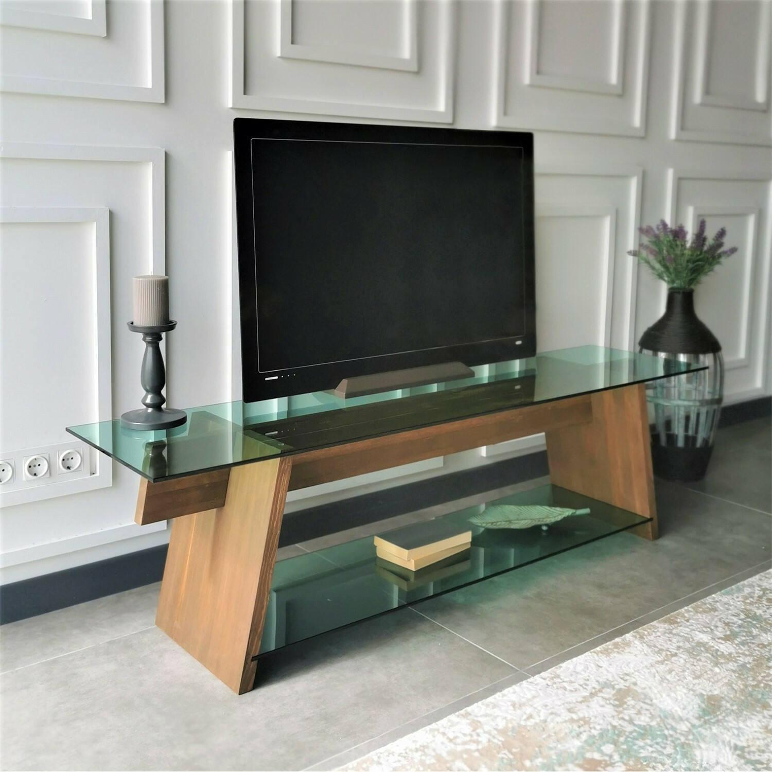 Mobile porta TV Dpotenz, Credenza da soggiorno, Armadio basso per TV, Base parete attrezzata, 158x40h45 cm, Noce e Verde