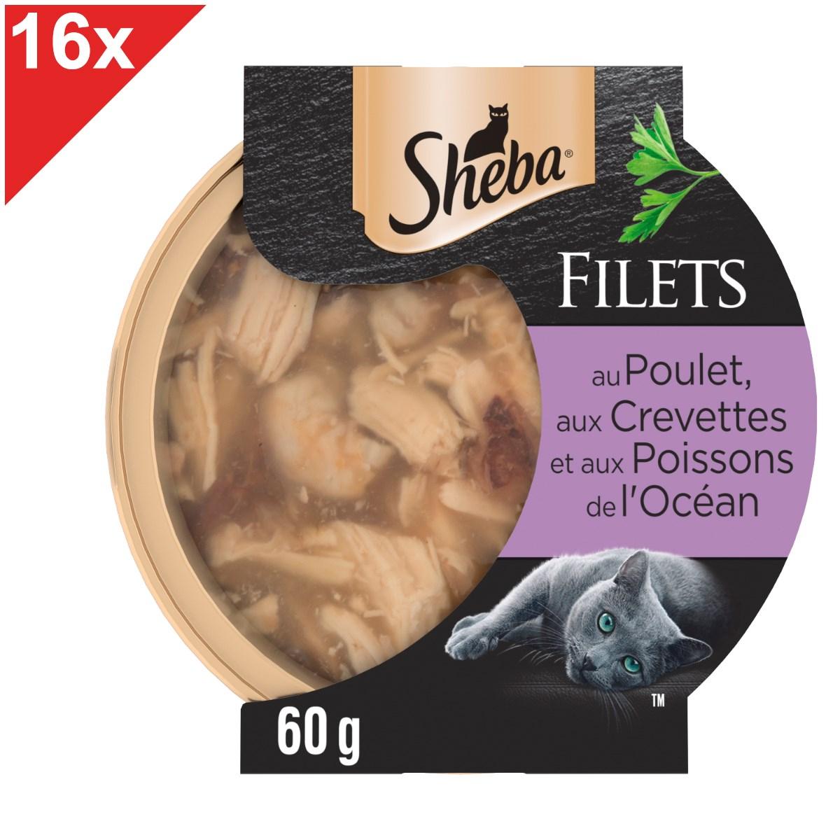 image-SHEBA Filets au poulet, crevettes & poissons de l'océan pour chat 16 dômes 60g