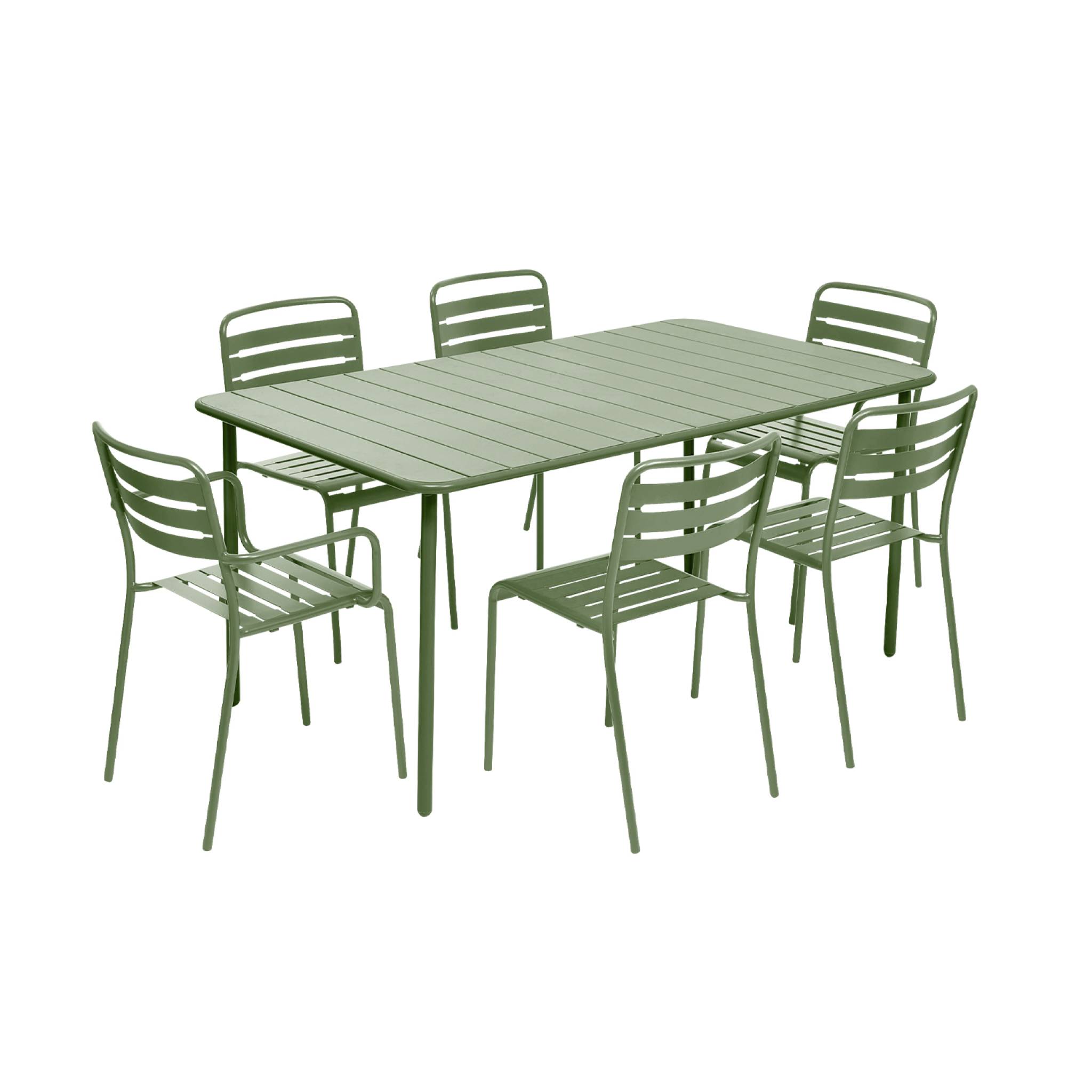 Table de jardin métal + 6 assises vert. acier traitement anti rouille