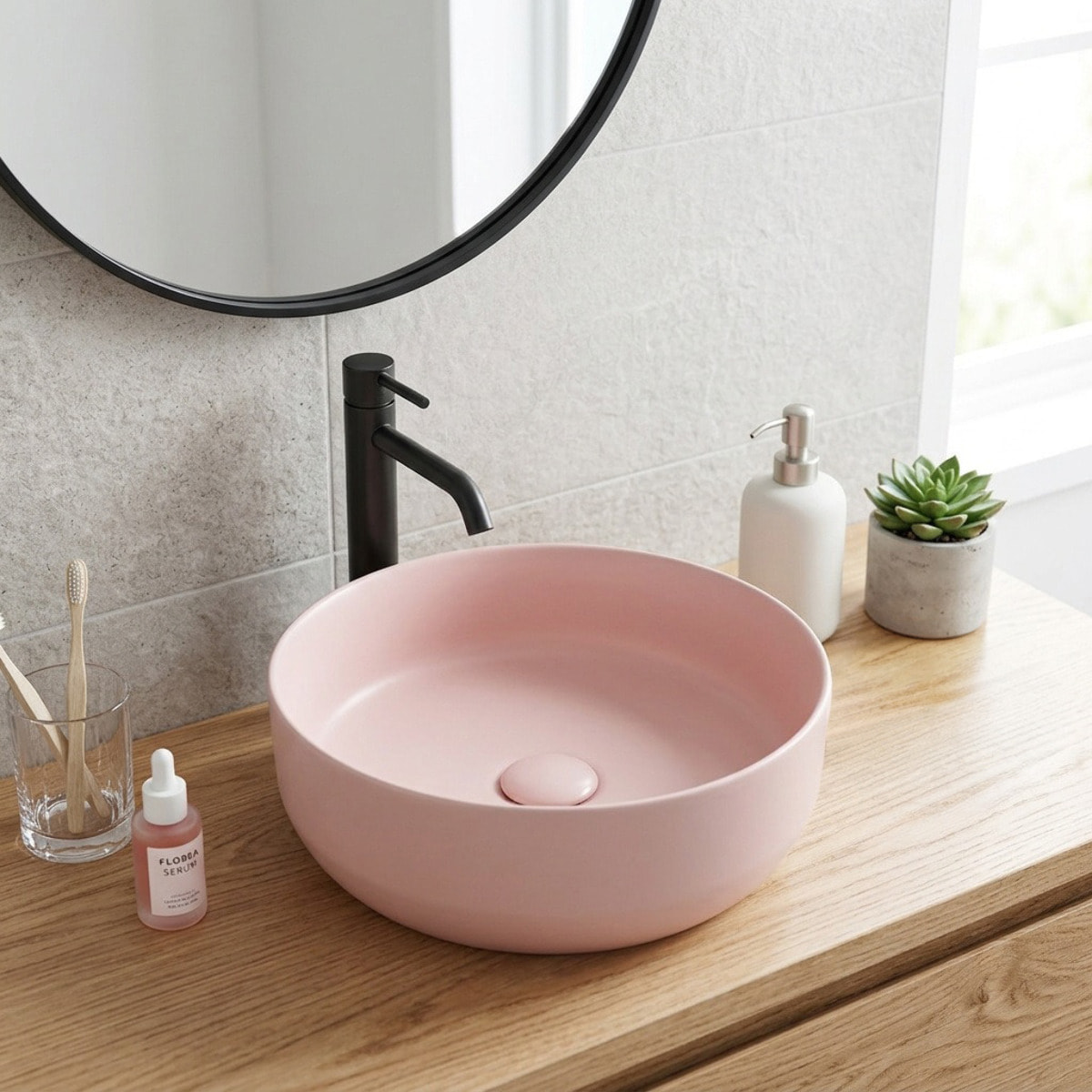 Vasque à poser ronde en céramique diamètre 39 cm - rose mat - sans trop-plein - SAT Infinitio