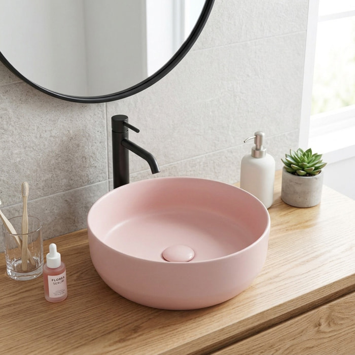 Vasque à poser ronde en céramique diamètre 39 cm - rose mat - sans trop-plein - SAT Infinitio