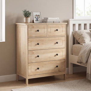 Commode 5 tiroirs style contemporain poignées boutons métal noir MDF panneaux naturel