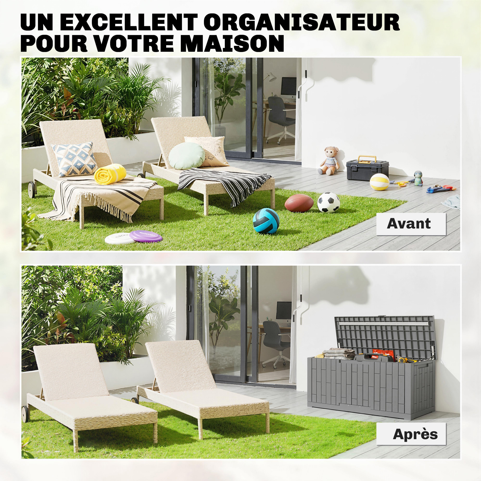Coffre de jardin 379L verrouillable PP aspect bois gris