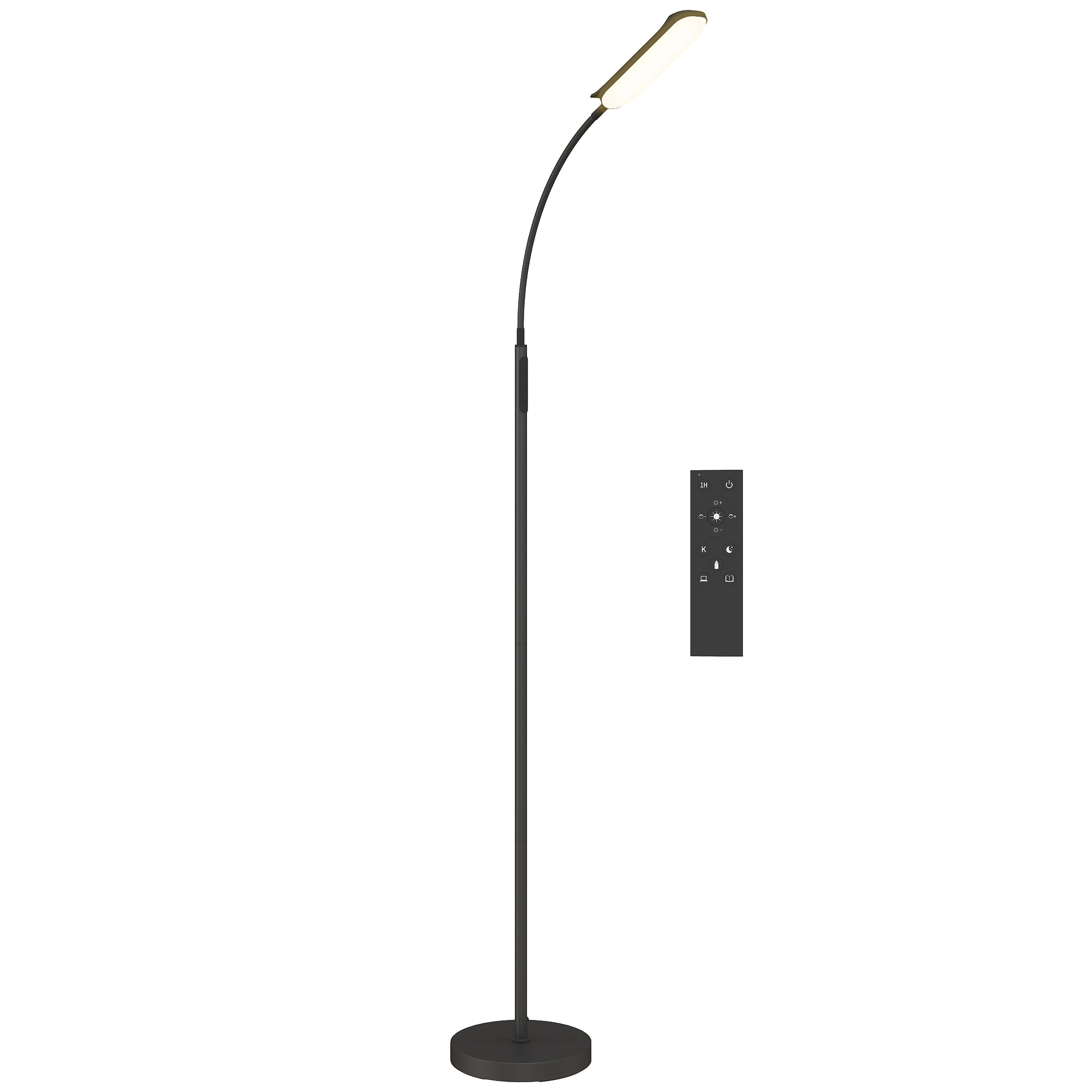 Lámpara de Pie LED Regulable Lámpara de Pie para Salón con Temperaturas de Color Ajuste Continuo Control Remoto y Táctil Temporizador de 60 Minutos Función Memoria Cuello Giratorio Negro