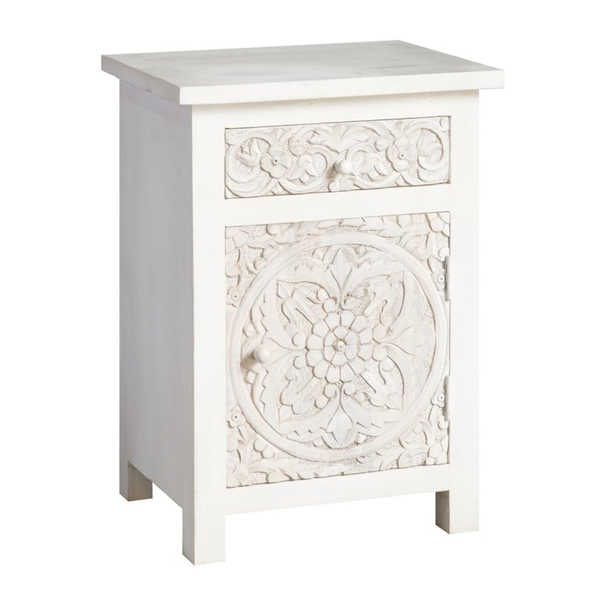 Table de chevet Indira -bois de manguier massif et mdf-couleur blanc brossé 50 x 70 x 40 cm