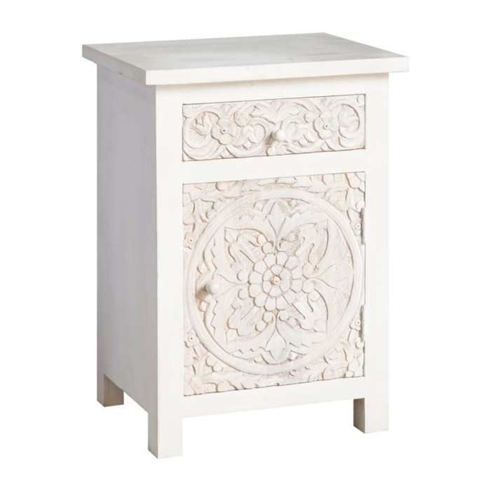Table de chevet Indira -bois de manguier massif et mdf-couleur blanc brossé 50 x 70 x 40 cm