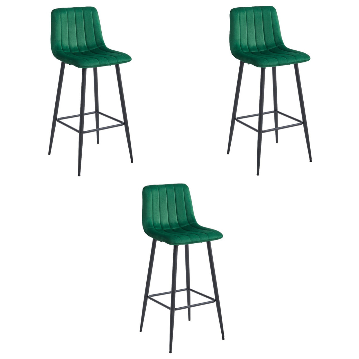 Set di 3 Sgabelli da Bar Pozza in Velluto Verde Bosco e Metallo