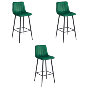 Set di 3 Sgabelli da Bar Pozza in Velluto Verde Bosco e Metallo