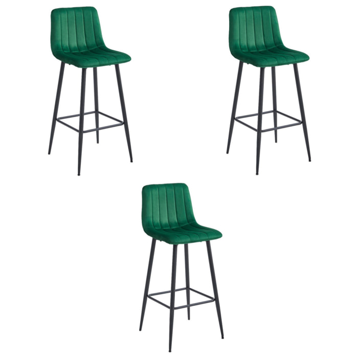 Set di 3 Sgabelli da Bar Pozza in Velluto Verde Bosco e Metallo