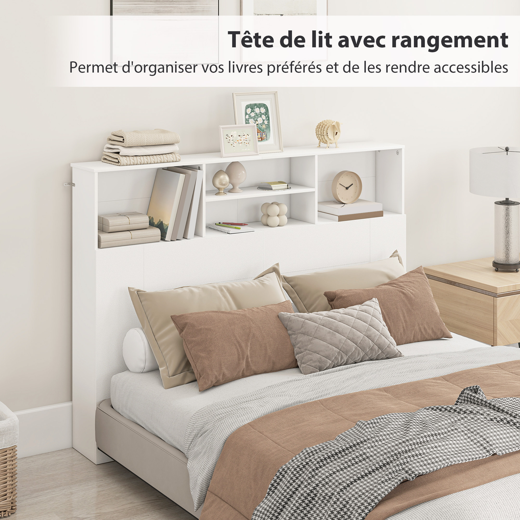 Tête de lit avec rangement - tête de lit bois 140 cm - 4 niches, grande étagère - blanc