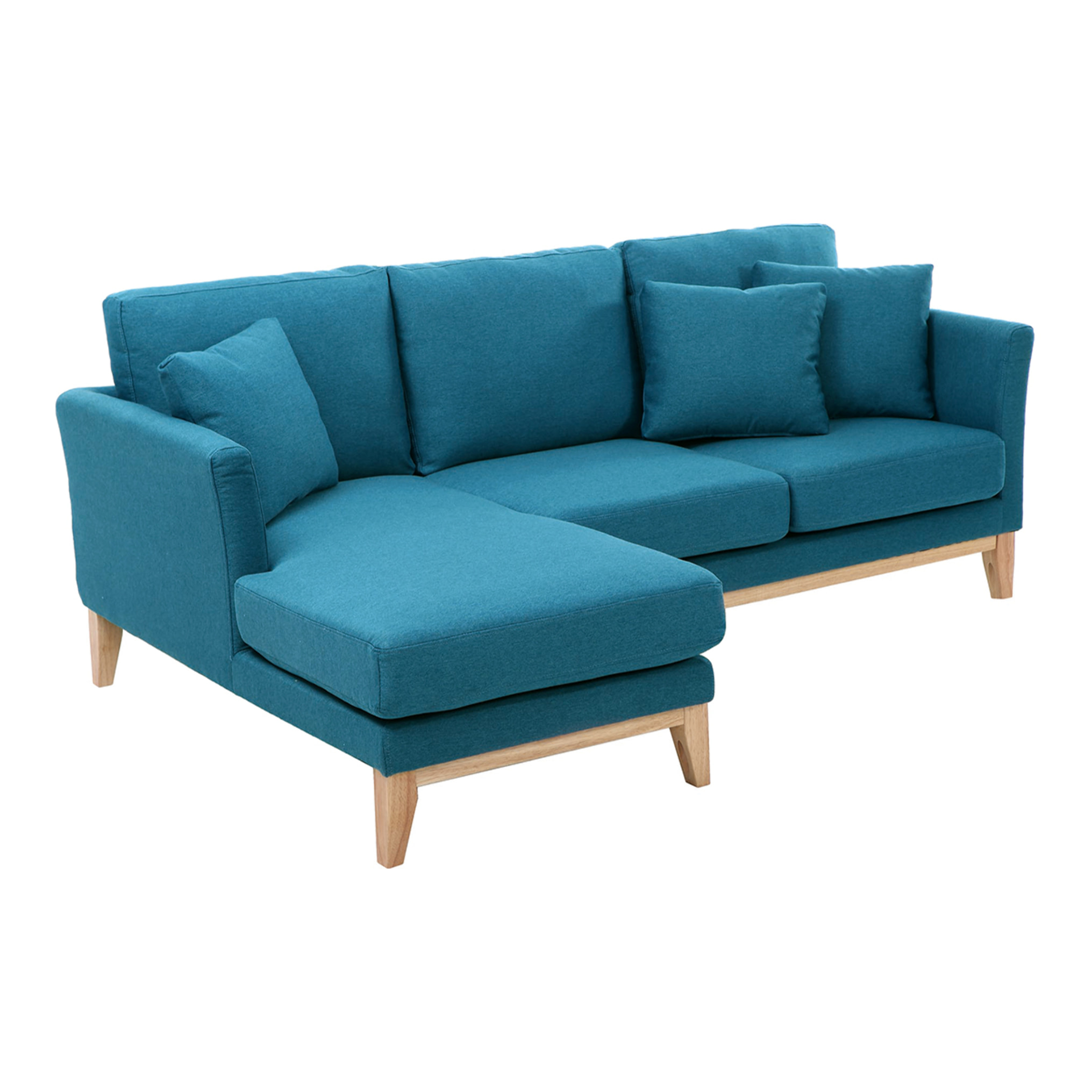 Canapé d'angle gauche scandinave bleu canard déhoussable et bois clair 3-4 places OSLO