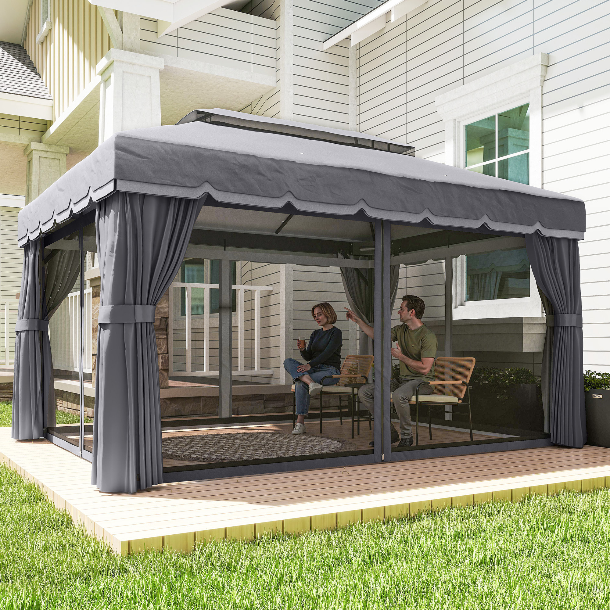 de Jardín 4x3 m, Pabellón de Jardín Gazebo con Doble Techo, 4 Cortinas y Mosquitera, Marco de Aluminio, Orificios de Drenaje, UPF50+, Carpa para Exterior, Terraza, Patio, Gris Oscuro