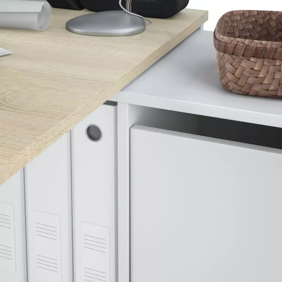 Mesa de escritorio Adapta XL Blanco Artik (Blanco Mate) - Roble Canadian