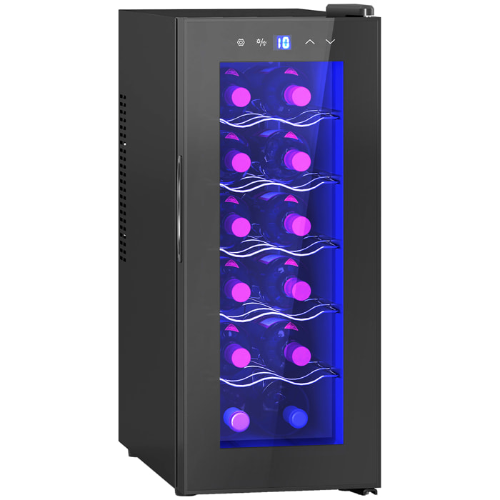 Vinoteca 12 Botellas, Nevera para Vinos con Doble Refrigeración Termoeléctrica, Temperatura Ajustable 8-18„ƒ, Puerta de Vidrio, Anti-UV, Pantalla LED, Luz Interior, Negro