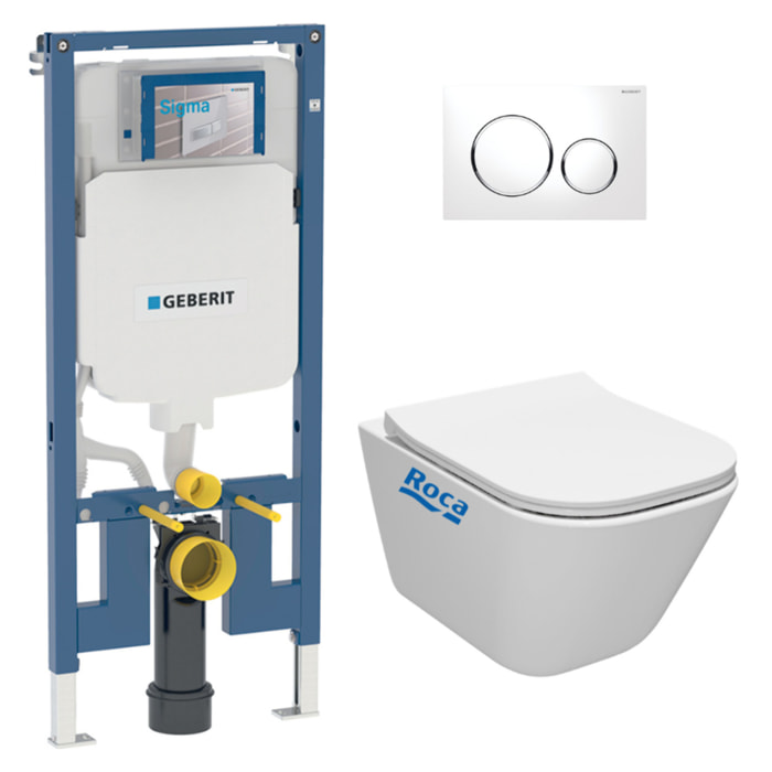 Duofix Pack Bâti-support Extra-plat + WC sans bride Roca Gap + Abattant slim, SoftClose + Plaque blanche (SLIM-GAP-C)