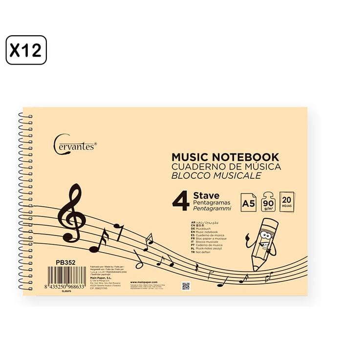 PACK 12 UNIDADES CUADERNO DE MÚSICA 4 PENTAGRAMAS A5 CERVANTES