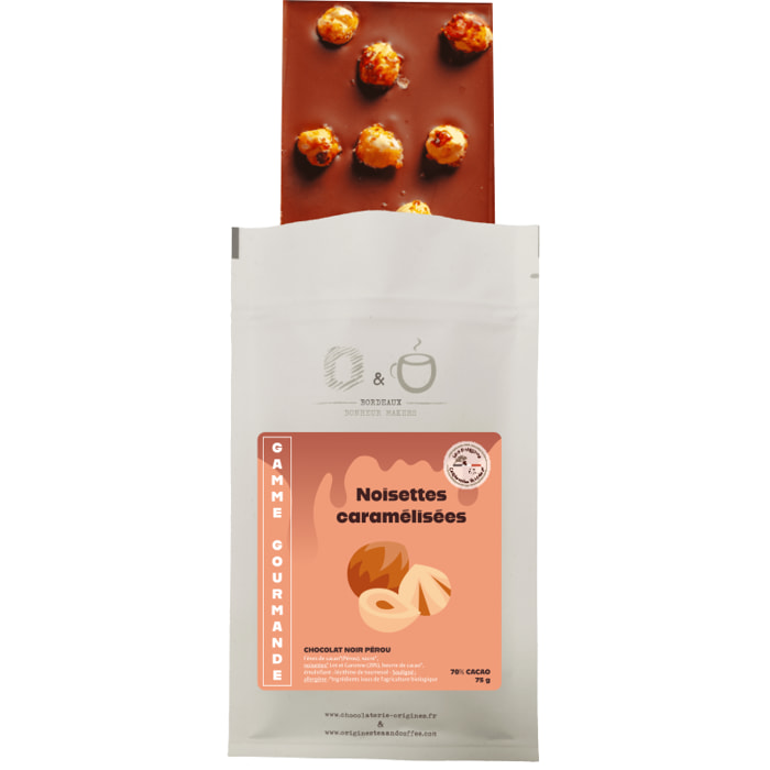 O&O Tablette de Chocolat Noir 70% BIO - Noisettes Caramélisées - 75g