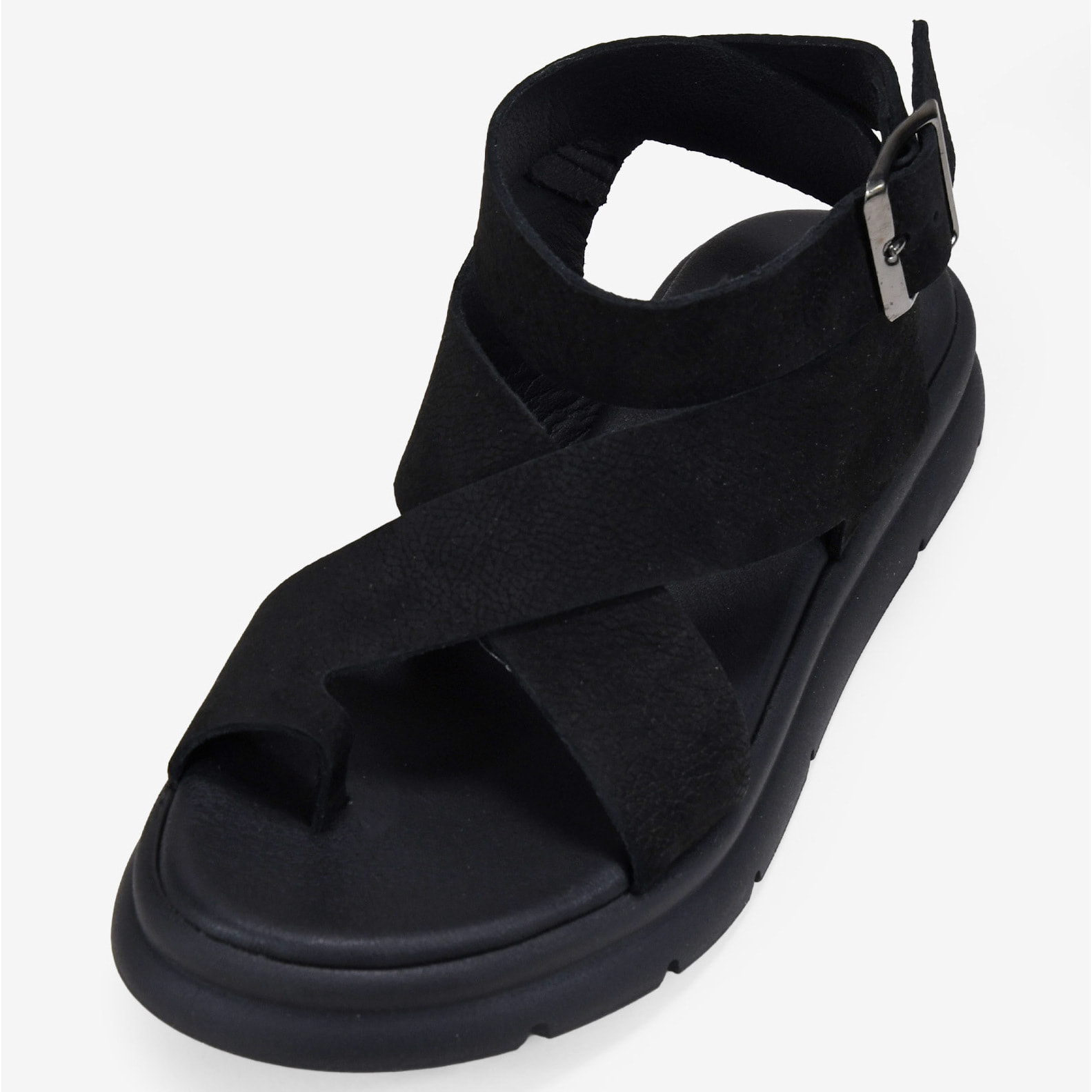 Sandalias de dedo negras en piel con hebilla