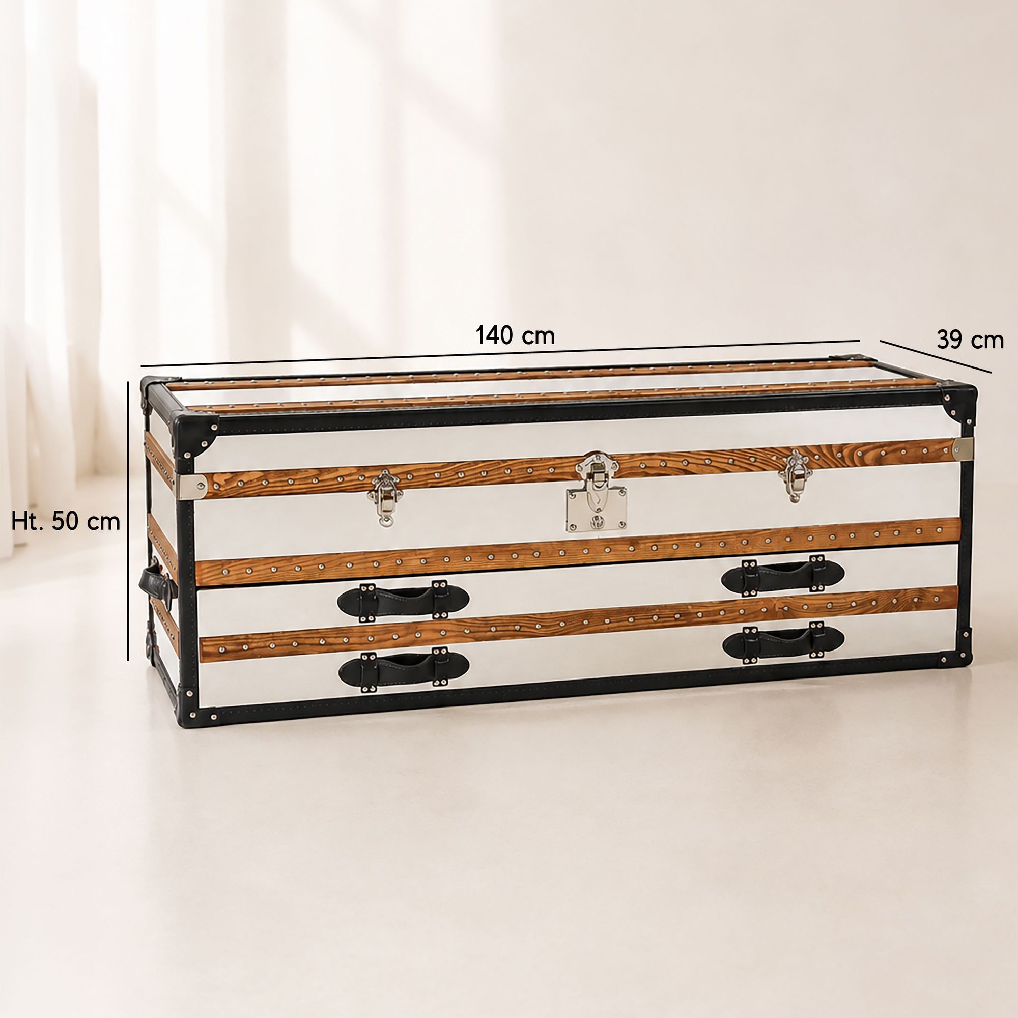 Commode basse 1 coffre 2 tiroirs en acier inoxydable et cuir ILIADE
