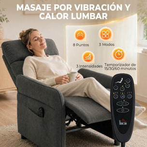 HOMCOM Sillón de Masaje, Sillón Relax Reclinable 135° Manual, Calor Lumbar, Mando a Distancia, Reposapiés, 8 Zonas de Masaje, Reposabrazos Ajustables, Asiento Muelles, Bolsillos, Tapizado Rizo, Gris