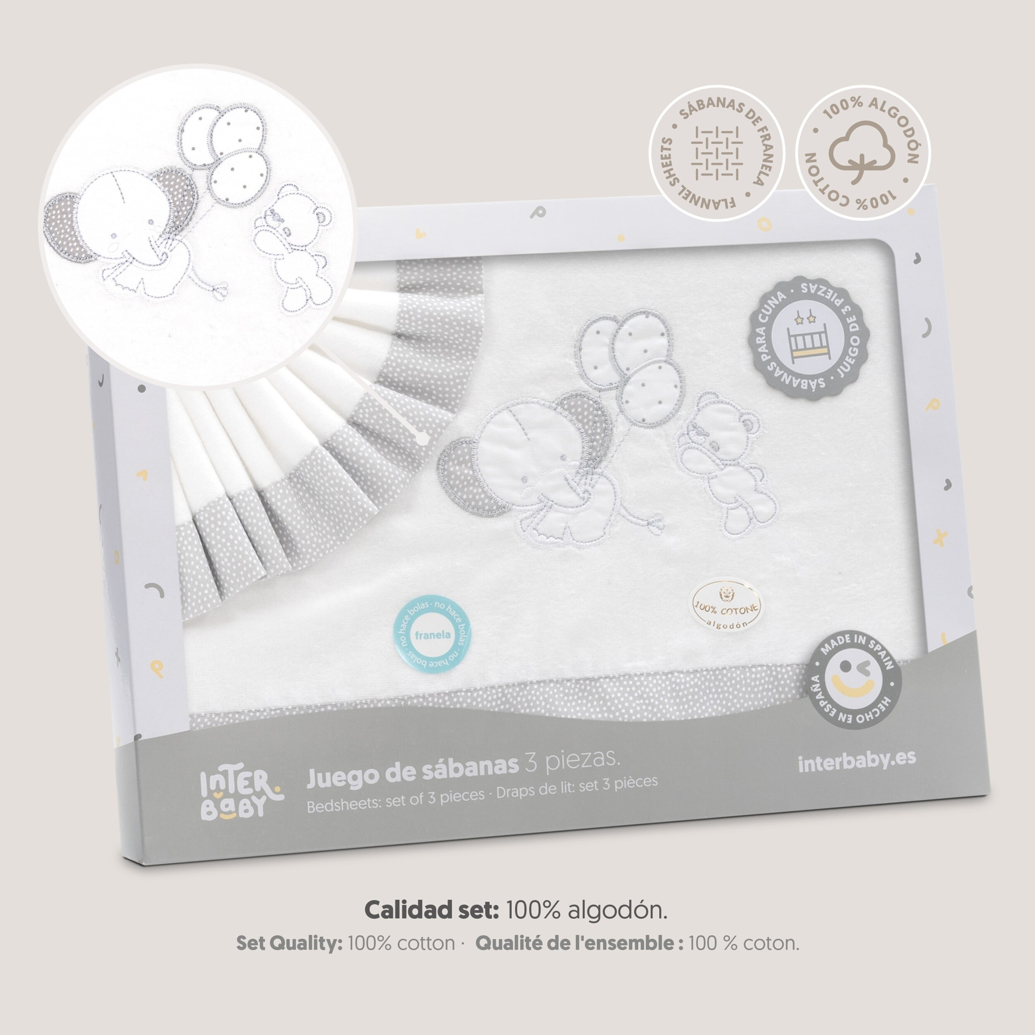 Triptico Cuna Franela Oso Elefante Globos Bco/Gris