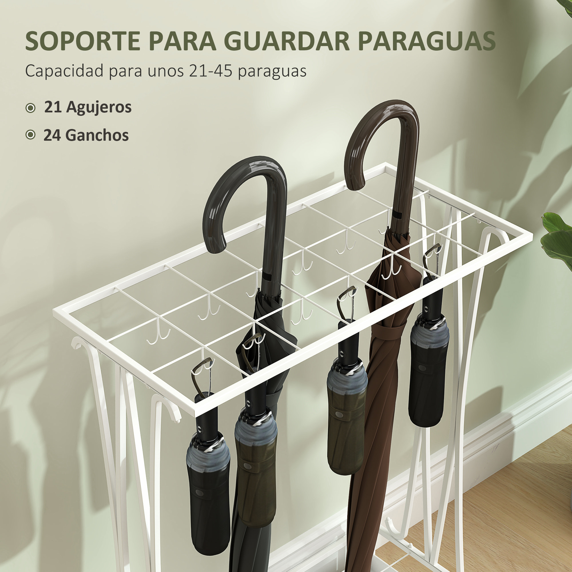 Paragüero Moderno Rectangular Soporte de Paraguas de Acero con 24 Ganchos 21 Espacios y Bandeja Recogegotas Extraíble Paragüero para Entrada Oficina 50x24x68 cm Blanco