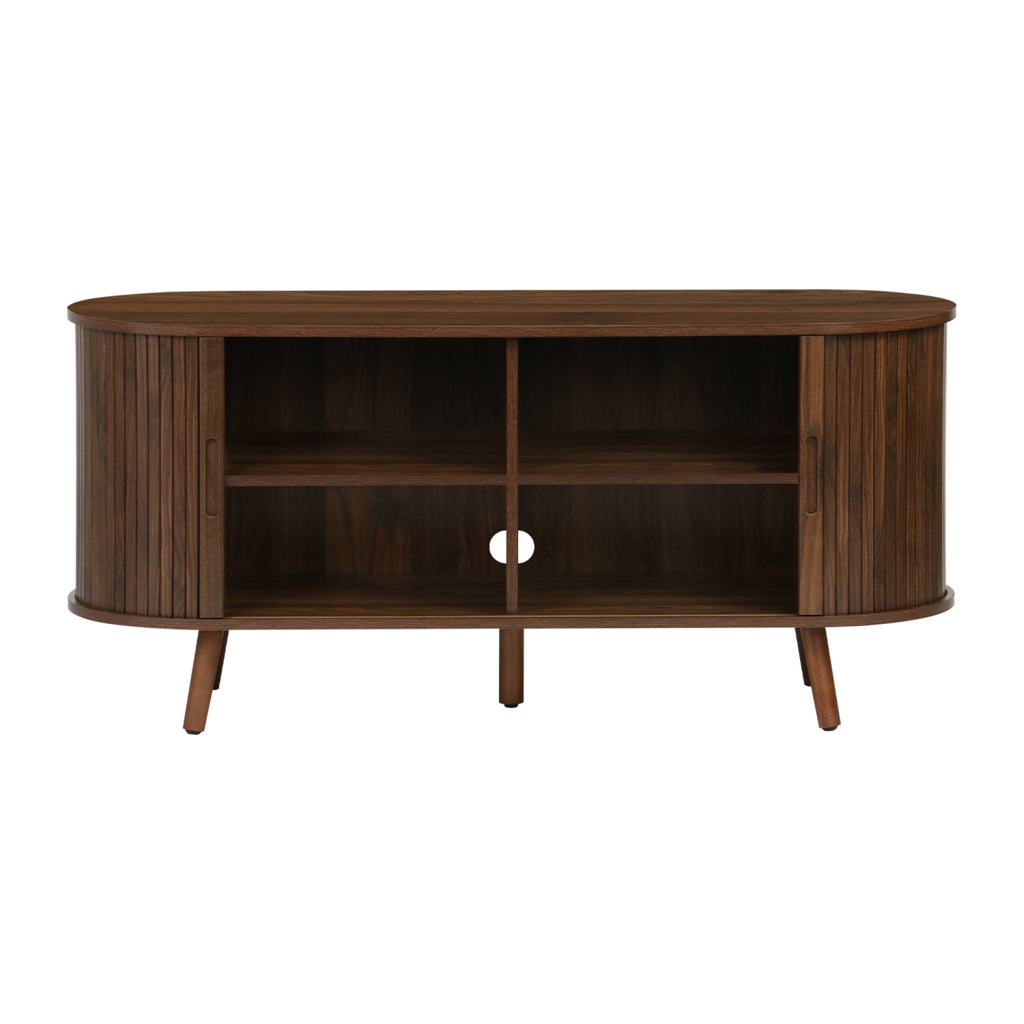 Meuble TV scandinave 2 portes coulissantes. 4 compartiments. effet bois rainuré noyer. L120 x 40 x 57 cm