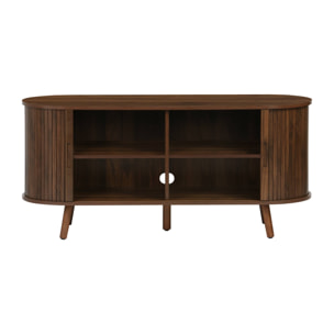 Meuble TV scandinave 2 portes coulissantes. 4 compartiments. effet bois rainuré noyer. L120 x 40 x 57 cm