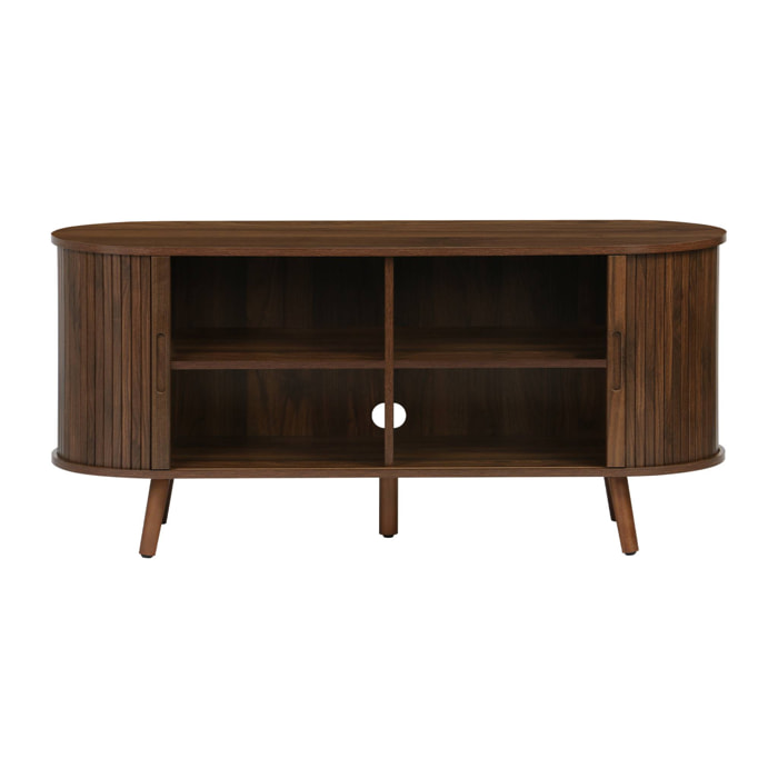 Meuble TV scandinave 2 portes coulissantes. 4 compartiments. effet bois rainuré noyer. L120 x 40 x 57 cm
