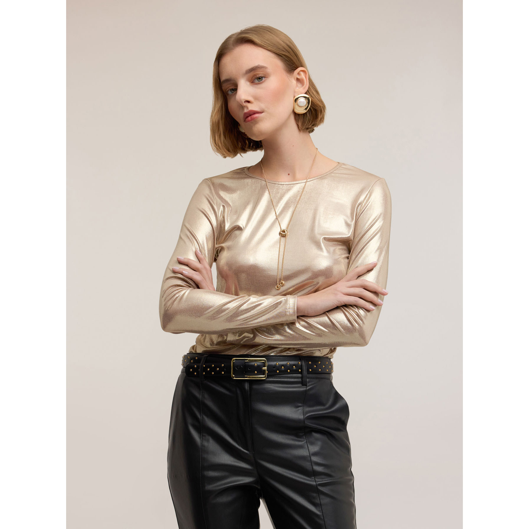 Motivi - T-shirt in jersey laminato - Oro