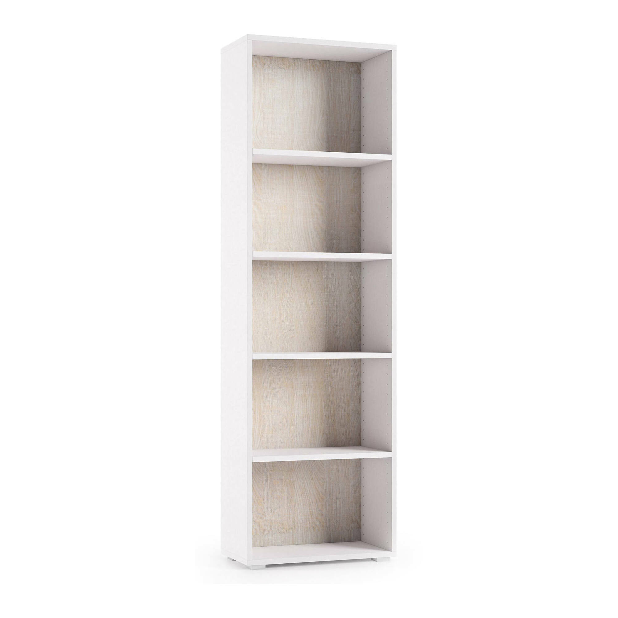 Libreria Girasole, Biblioteca a 4 ripiani regolabili, Scaffale per libri, Mobile da parete con ripiani, 100% Made in Italy, Cm 60x30h195, Bianco e Rovere