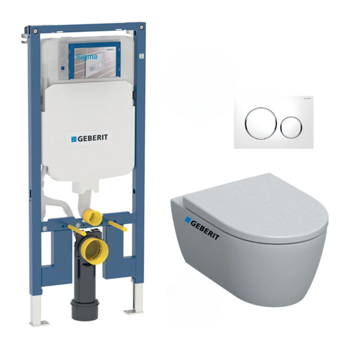Pack WC Bati-support Geberit Duofix extra-plat + WC sans bride Geberit iCon + Abattant softclose + Plaque blanche (SLIM-iCon-C)