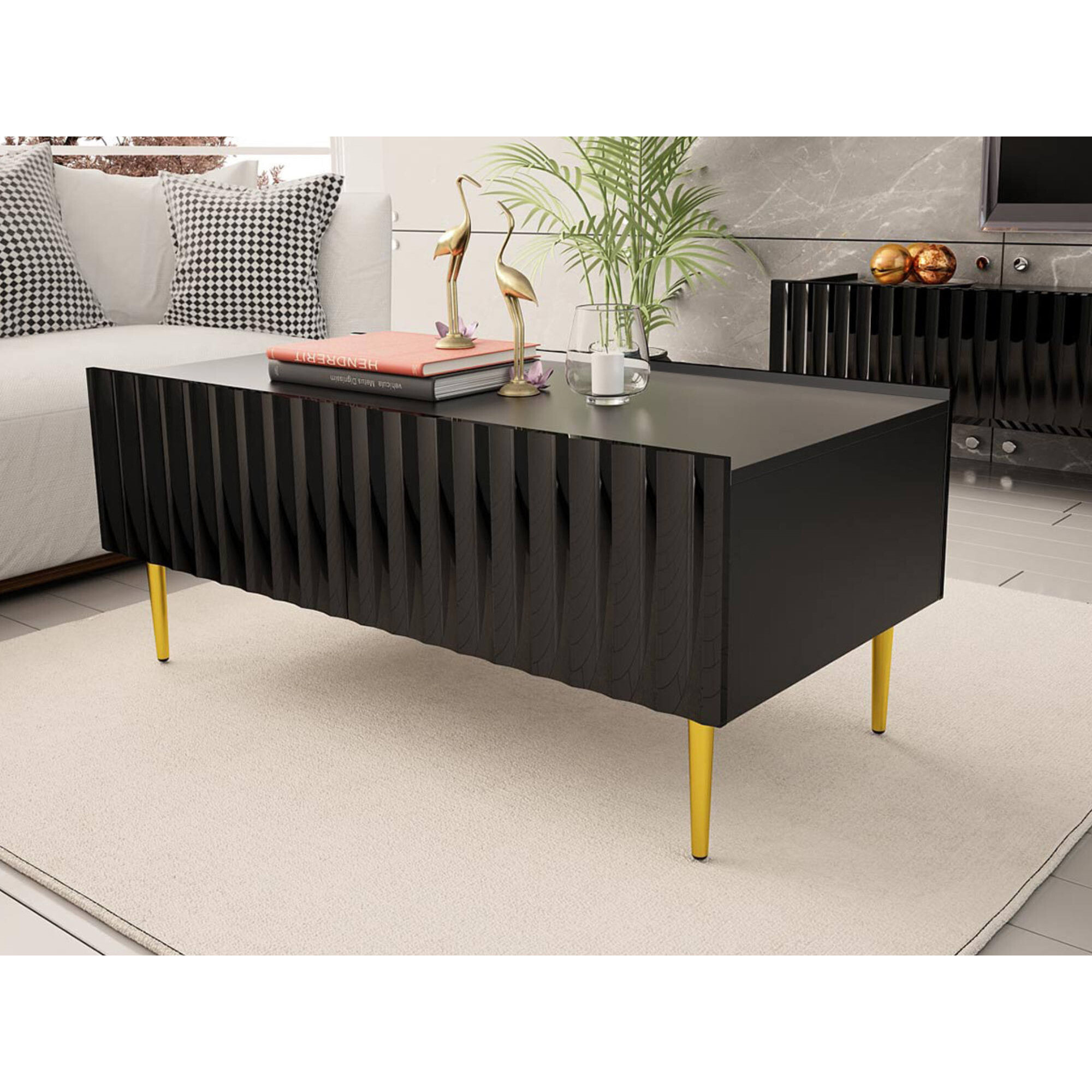 Ambre - table basse - 2 portes - 120 cm - Noir / Doré