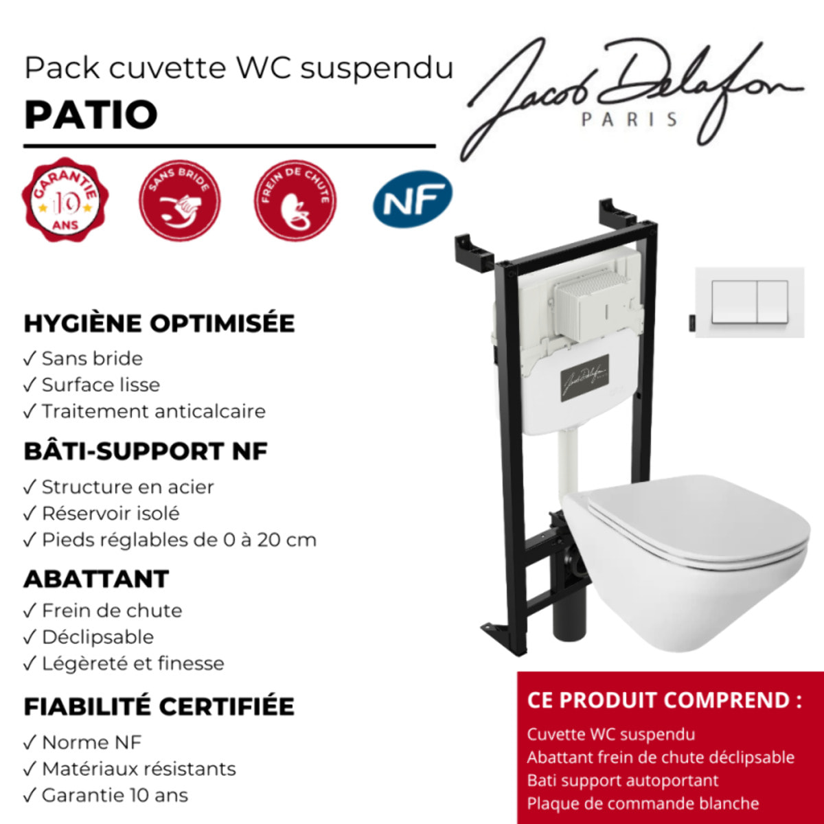 Pack cuvette WC suspendu sans bride Moderne Life avec abattant frein de chute déclipsable  + bâti support + plaque