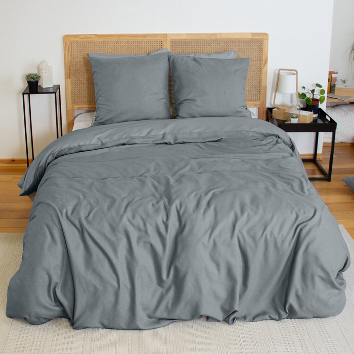 Parure housse de couette 3PCS en MICROFIBRE EFFET FLANELLE - ARDOISE