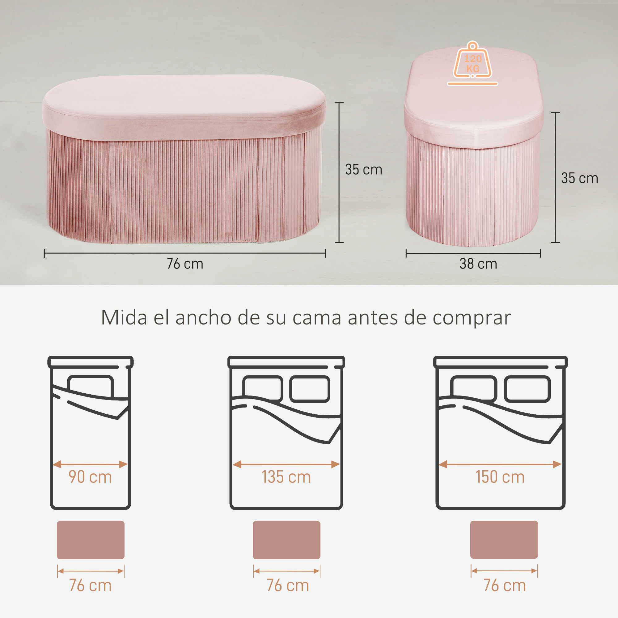 Puff Almacenaje, Banco Almacenaje Plegable, 72 L, 76x38x35 cm, Tapizado en Terciopelo, Baúl de Almacenamiento, Carga 120 kg, Taburete para Sala de Estar, Dormitorio, Entrada, Rosa