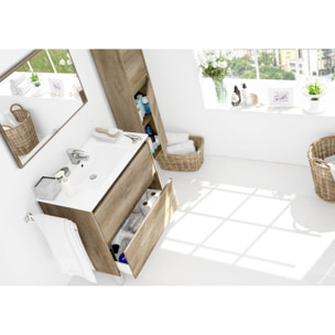 Mobile sottolavabo Modesto, Mobiletto sospeso con 2 cassetti, Armadio per bagno con specchio, Lavabo escluso, cm 80x45h80, Quercia