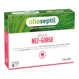 OLIOSEPTIL - Nez-Gorge - Complexe de 7 Huiles Essentielles Pures et Chémotypées - Assainit le Système Respiratoire & Apaise la Gorge - Dès 15 Ans - 15 Gélules