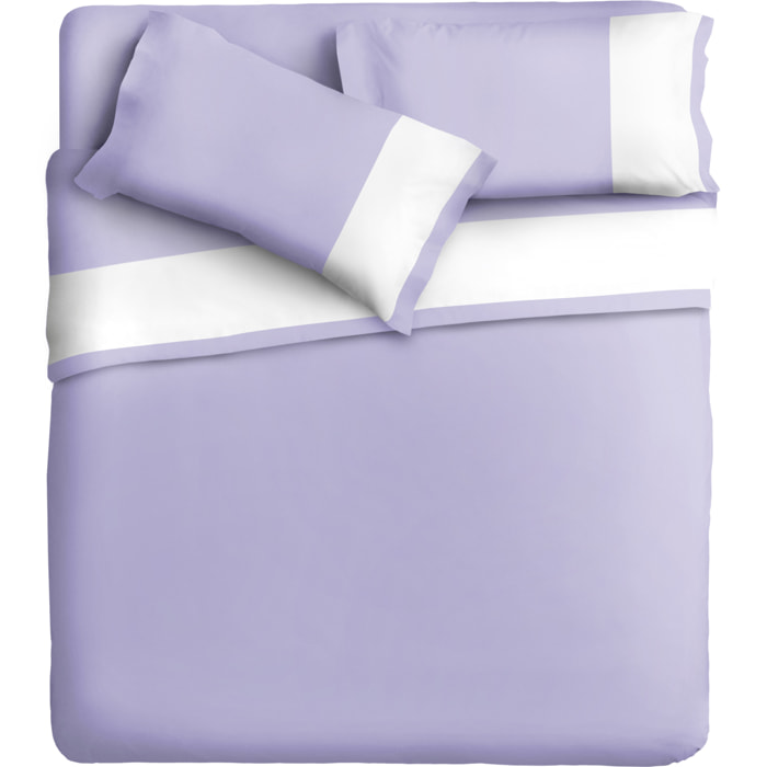 Completo letto bordo RASO IPERSAN Puro Cotone Bianco fondo Glicine