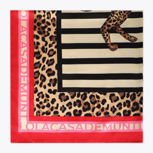 Sciarpa in raso con stampa combinata a righe e leopardo