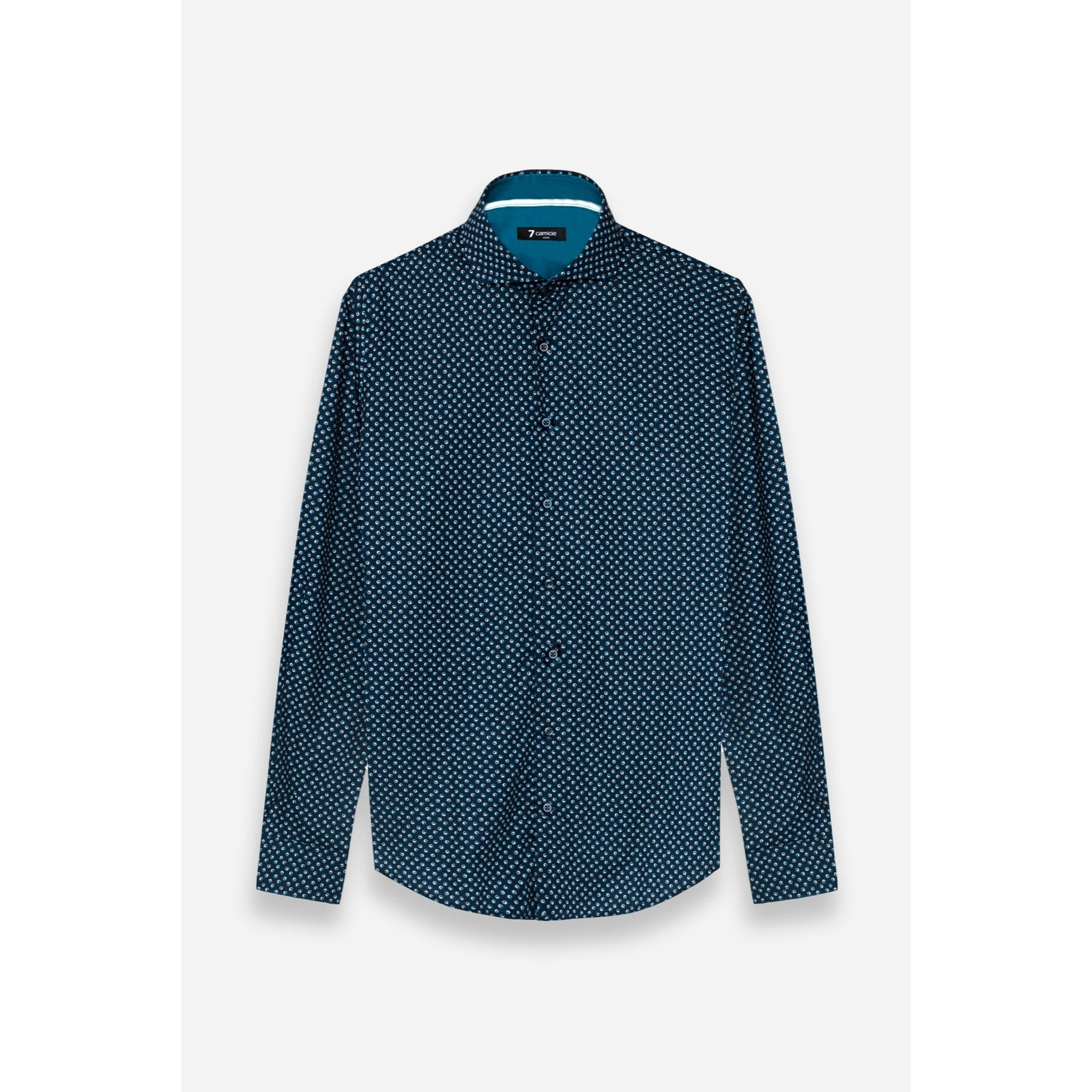 Camicia Uomo 1 Bottone Francese Slim Popeline Stampato Blu/Turchese